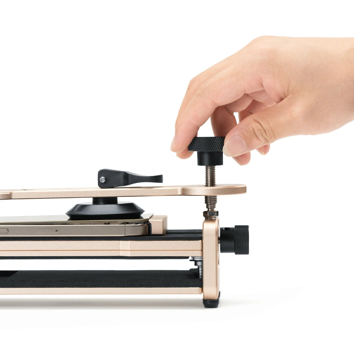 Hand adjusting on a refox rs51 phone opener and clamp fixture