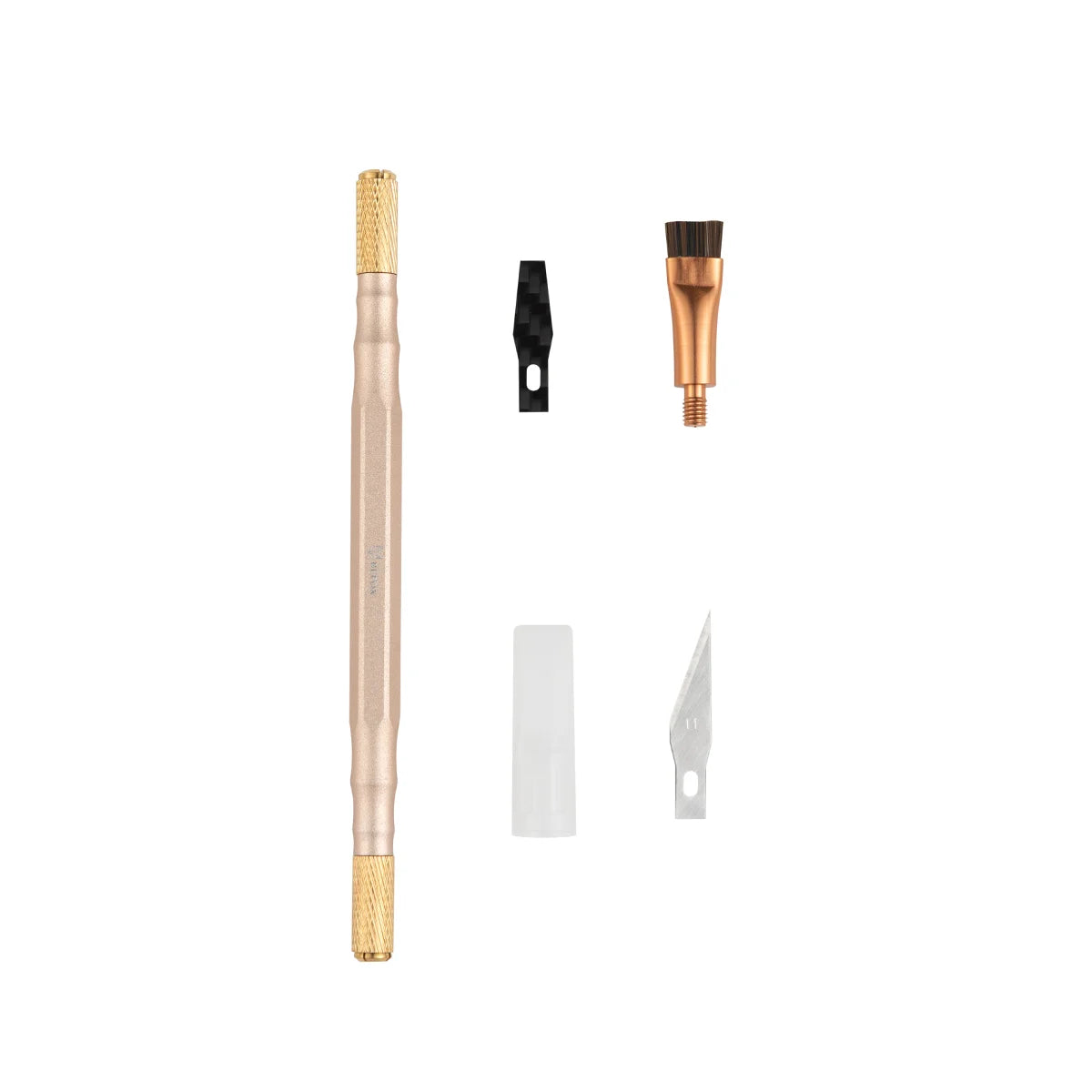 Set of refox rs75 knife set with holder gold color on a white background.