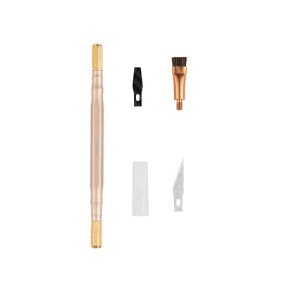 Set of refox rs75 knife set with holder gold color on a white background.