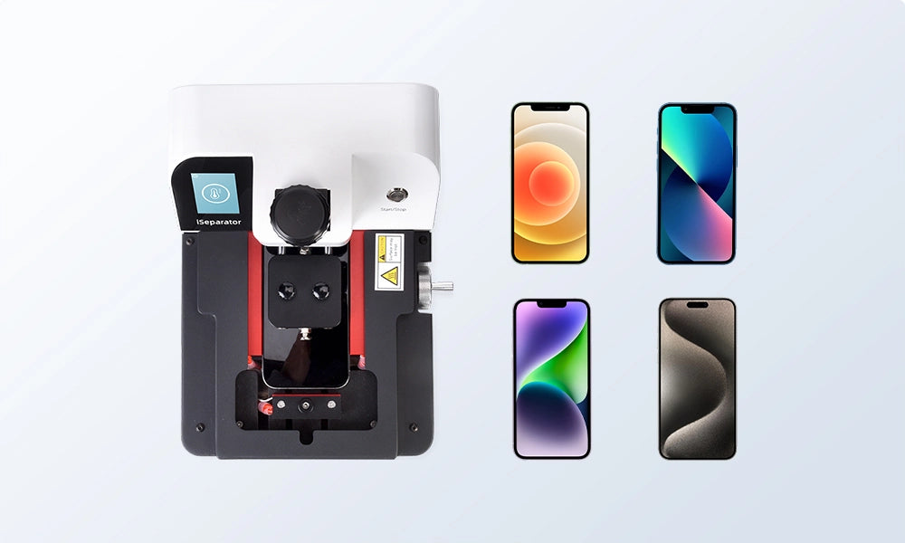 Phone screen repair machine with four iphone displaying different screen designs on a white background