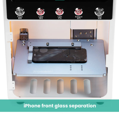 Phone repair tool with a phone on a metallic platform, labeled 'iPhone front glass separation'.