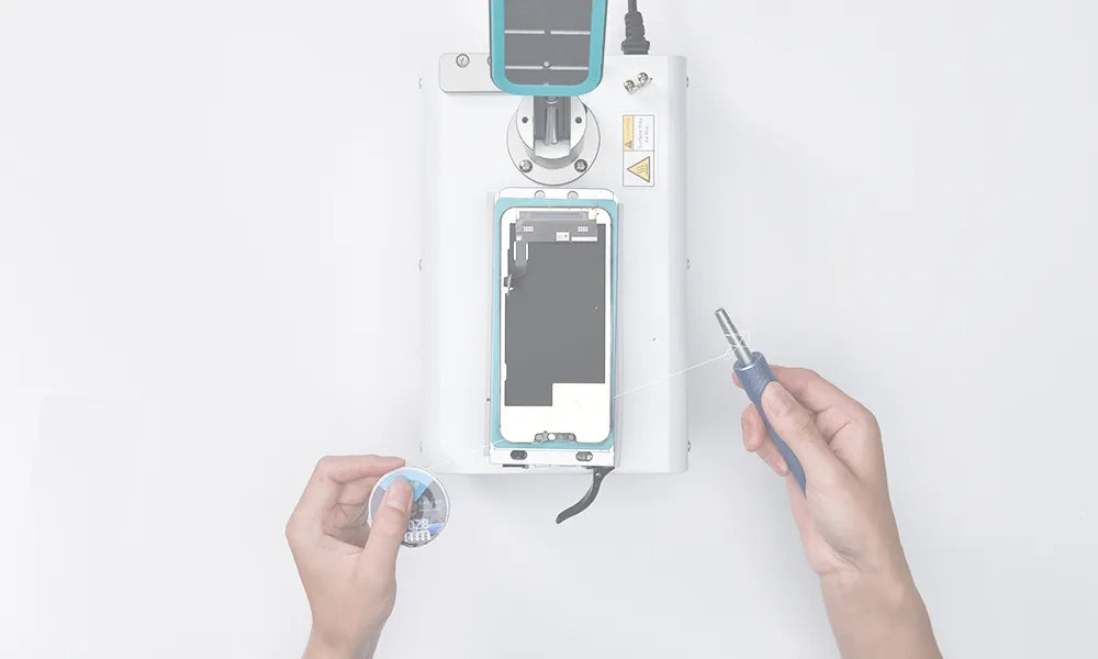 Phone repair process with a device and hands on a white background