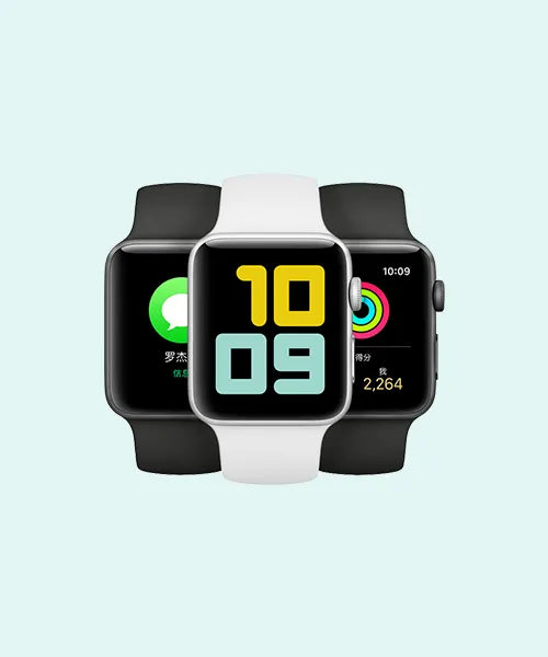 Three smartwatches with different display designs on a light blue background