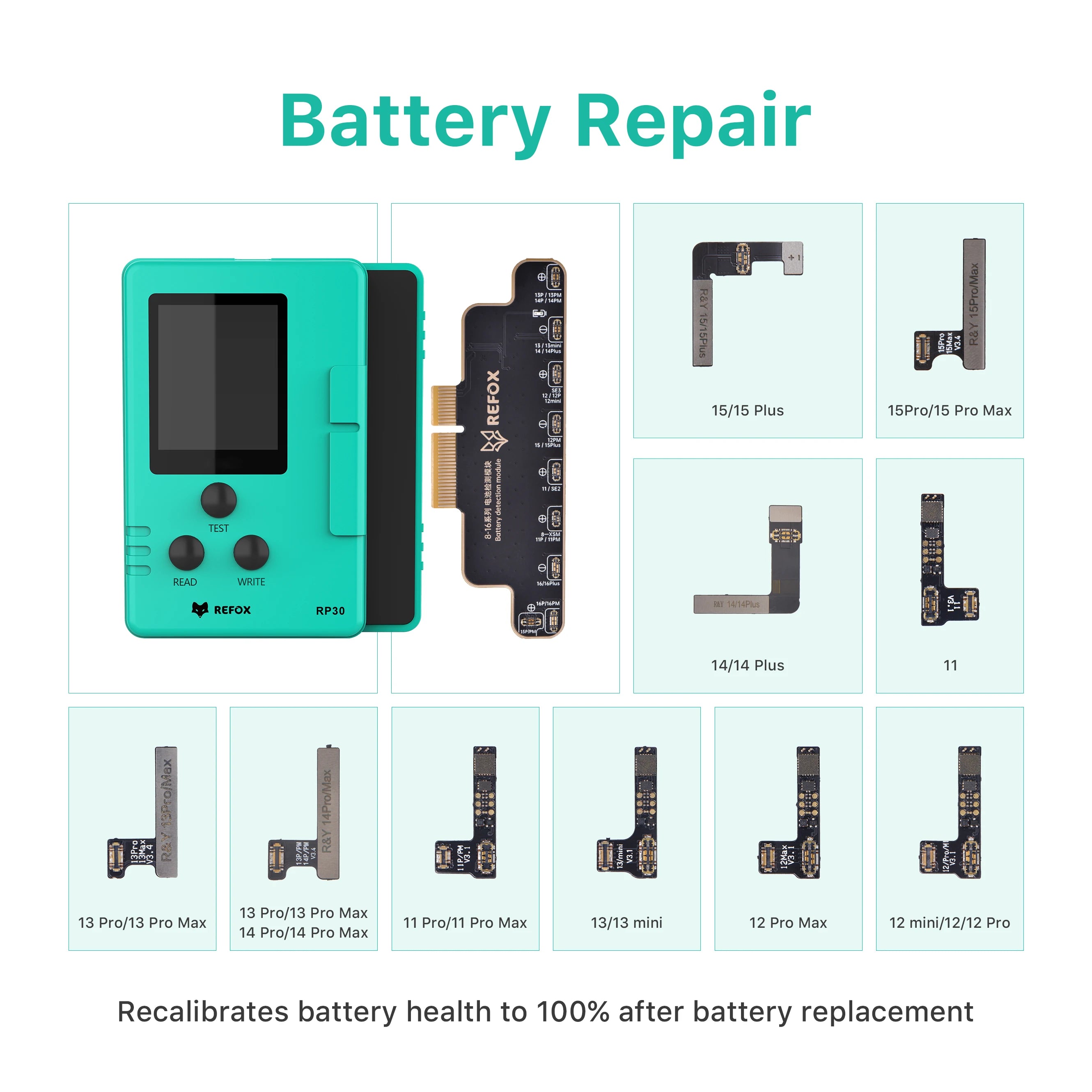 rp30 Battery repair kit with various components on a light blue background