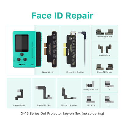 Collection of electronic repair parts for iphone Face ID on a light blue background