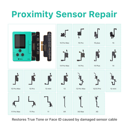 Proximity sensor repair options for various iphone models on a light green background.