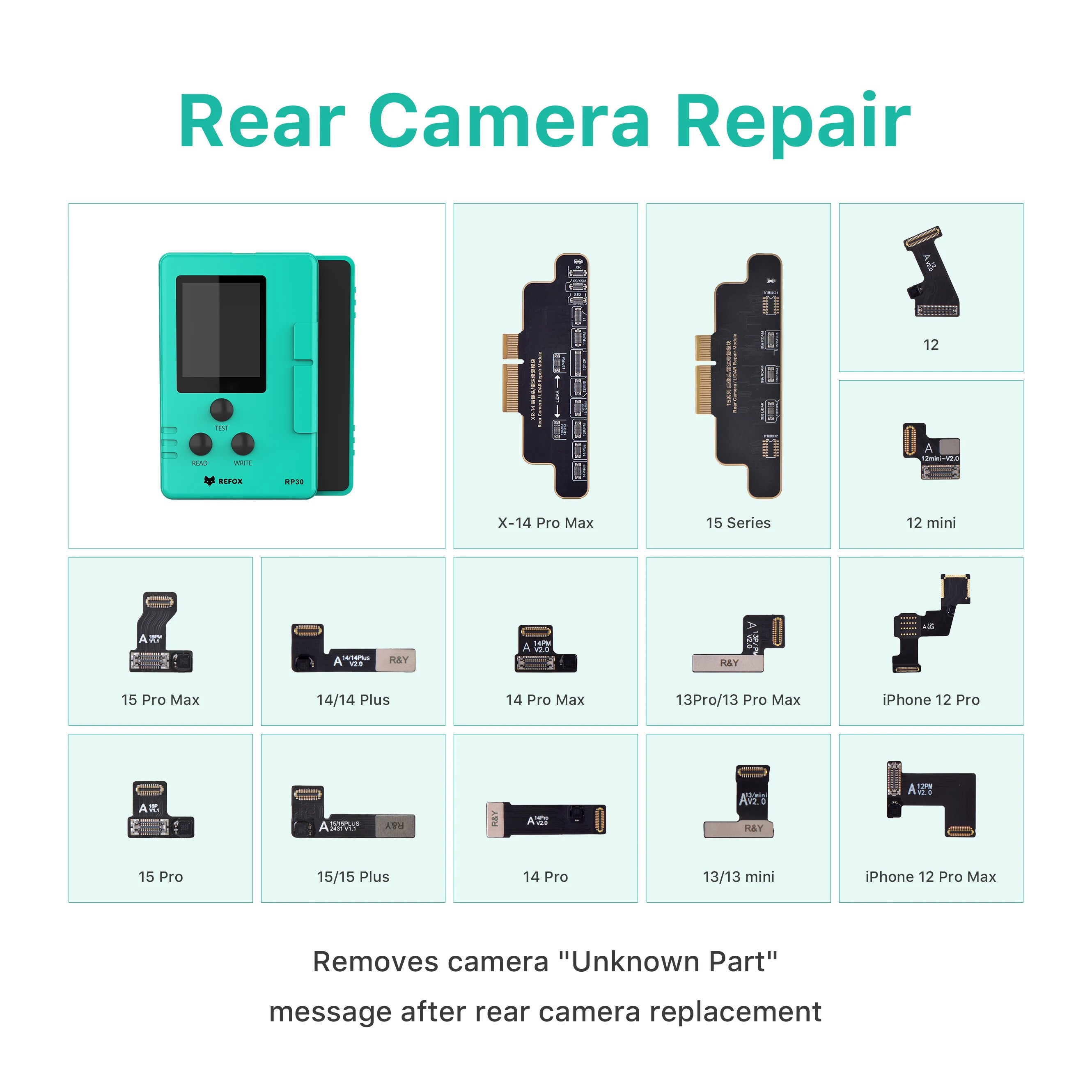 Collection of rear camera repair parts for various iphone models on a light blue background.