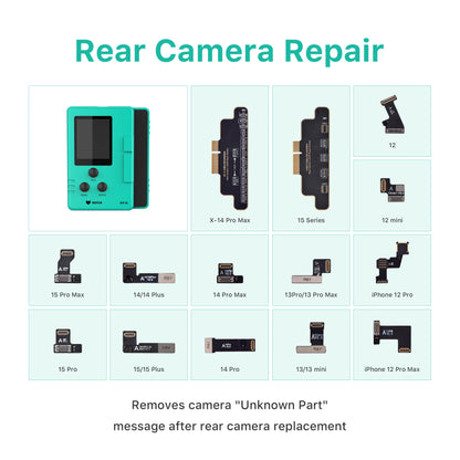 Collection of rear camera repair parts for various iphone models on a light blue background.