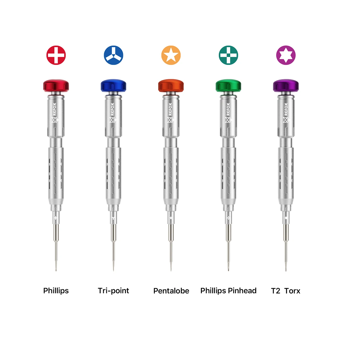 Set of five screwdrivers with different head shapes on a white background