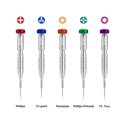 Set of five screwdrivers with different head shapes on a white background