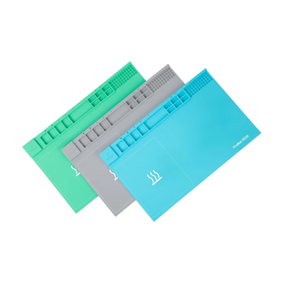 Three refox silicone mats in green, gray, and blue on a white background