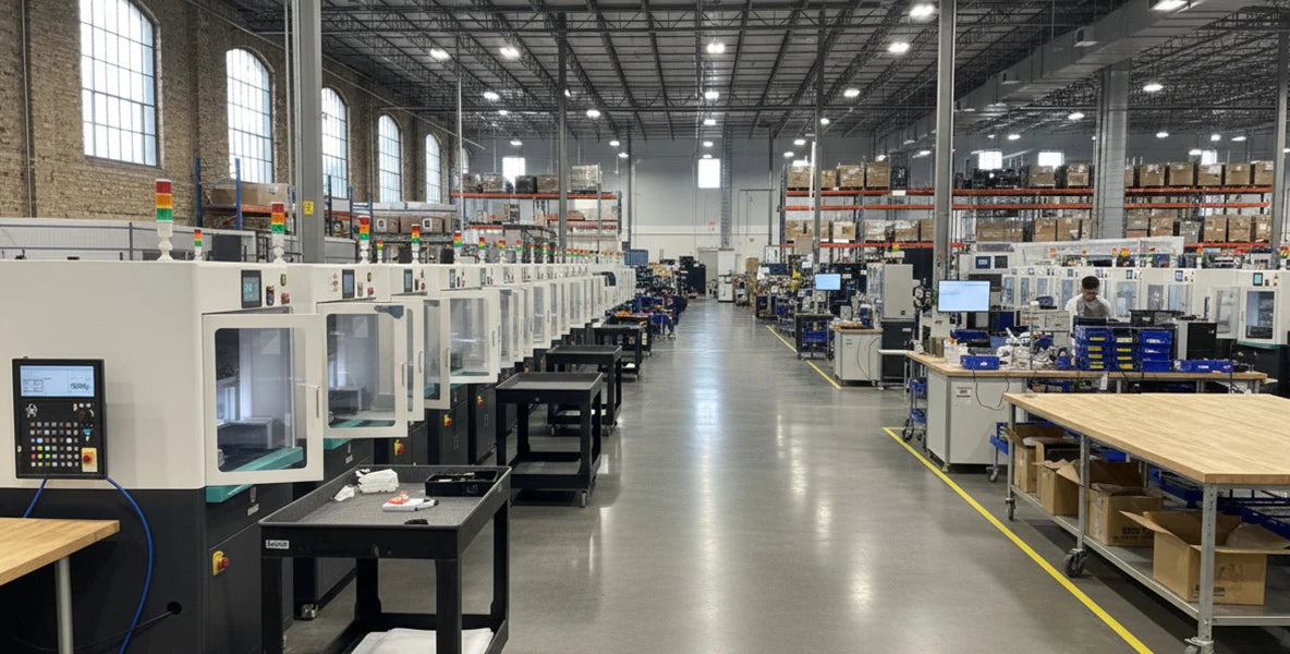 refox warehouse with machinery and workers in a manufacturing setting