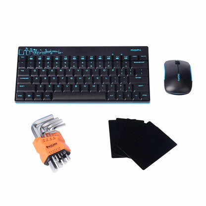 Keyboard and mouse set with tools and cards on a white background